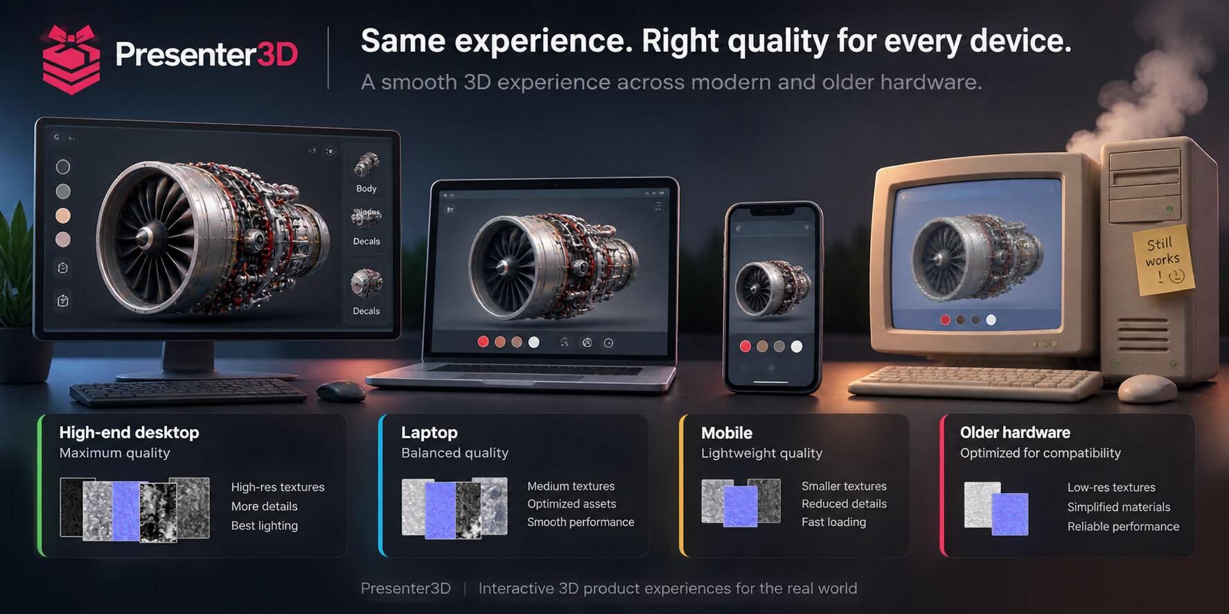 The same 3D product experience running on a high-end desktop, a laptop, a phone and older hardware, each receiving a different texture resolution and detail level.