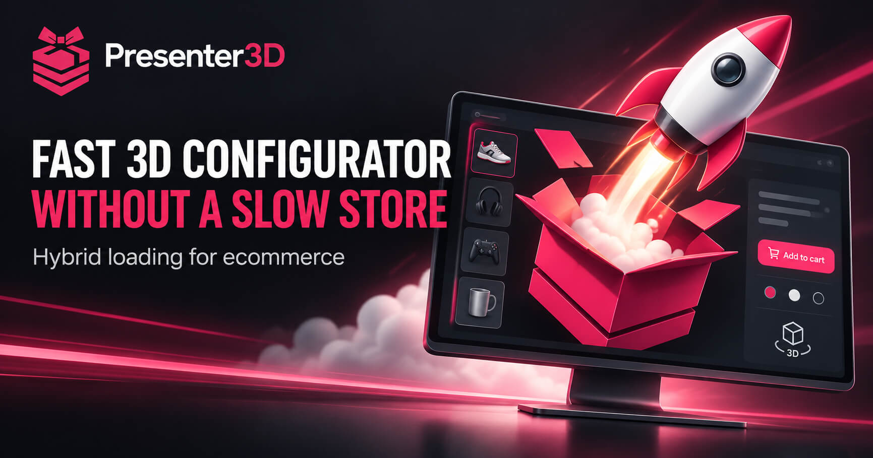 An instantly usable flat product shop beside a rich 3D scene becoming progressively available.