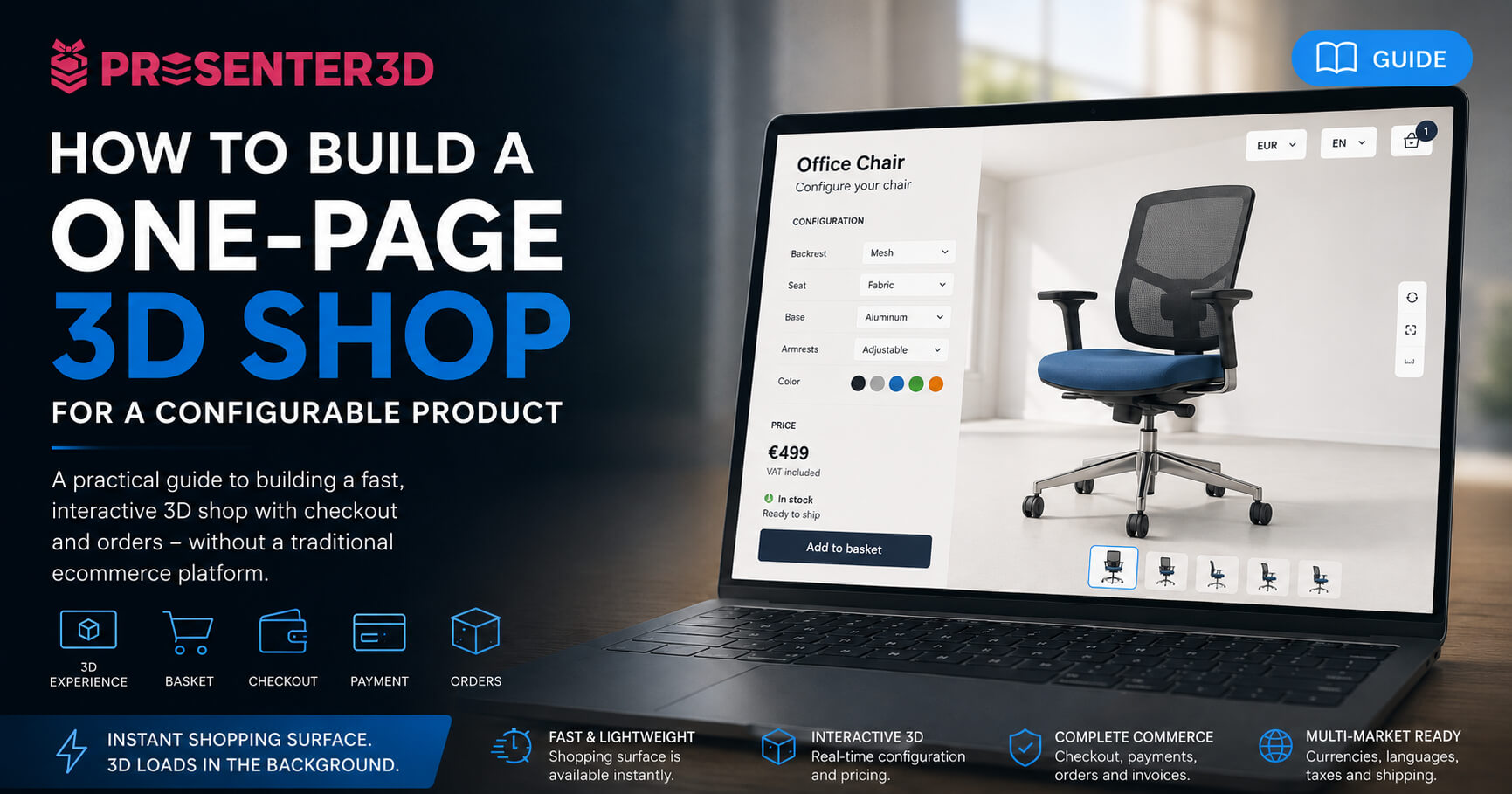 A configurable office chair becoming a one-page shop: product surface, 3D configuration, price, stock, basket, payment, invoice and delivery.